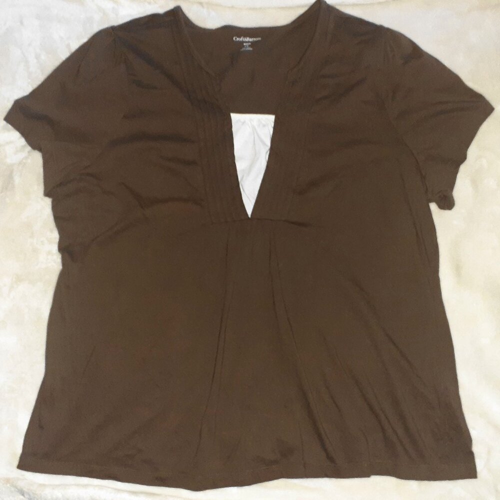 CROFT & BARROW TOP SHORT SLEEVE BROWN/WHITE RUCHED-WOMENS PLUS SIZE 1X